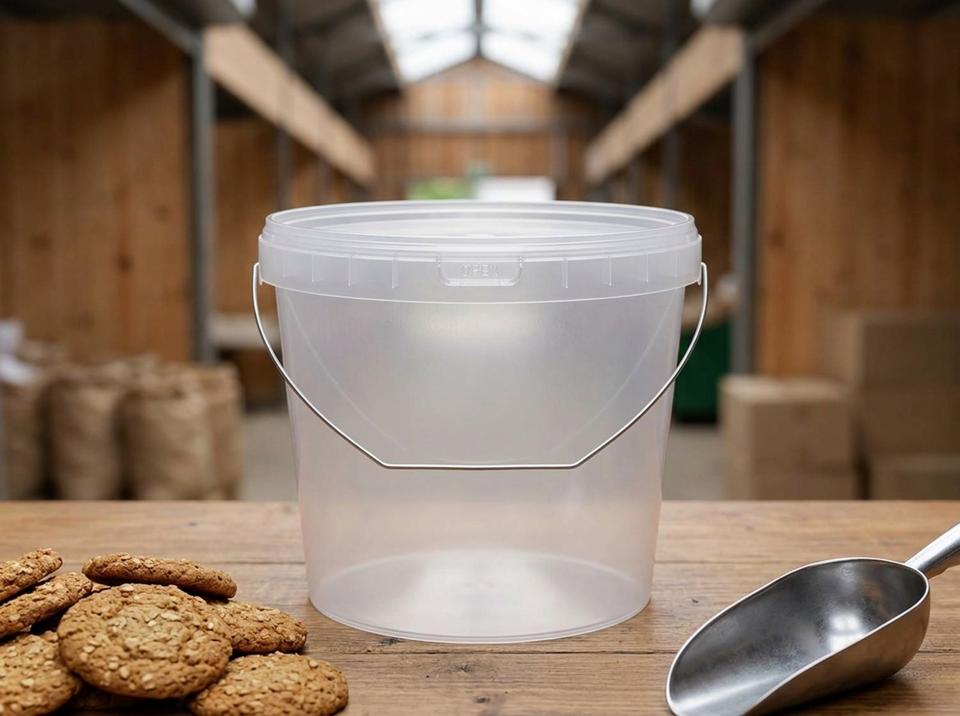 Clear 5.6 L plastic bucket with metal bail handle and lid on a counter in the sweets row of a bazaar, next to a pile of oatmeal cookies