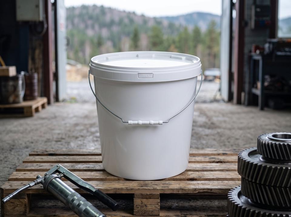 White 15 L plastic bucket with lid and metal bail handle with plastic grip on a wooden pallet in a mine's machine shop, a grease gun on the left, gears on the right