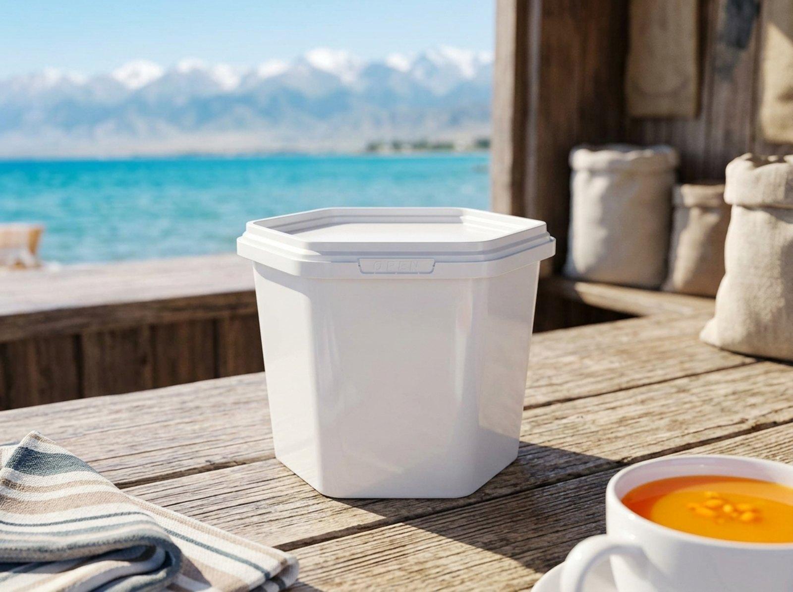 White 400 ml hexagonal plastic container with lid on the counter of a beach cafe in Cholpon-Ata, next to a cup of sea buckthorn tea