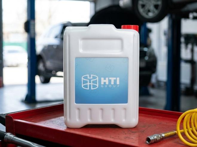 White 5 L plastic jerry can with cap on a red tool cart in an auto repair bay next to a torque wrench