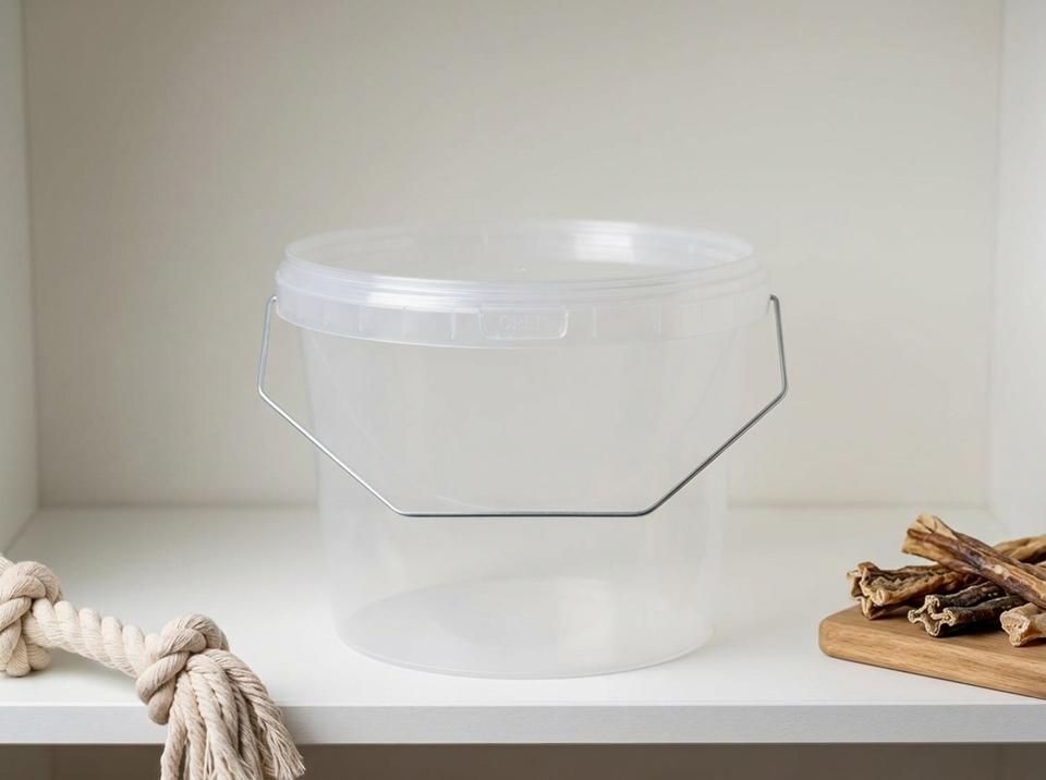 Clear 2.3 L plastic bucket with metal bail handle and lid on a white pet store shelf, next to a rope dog toy
