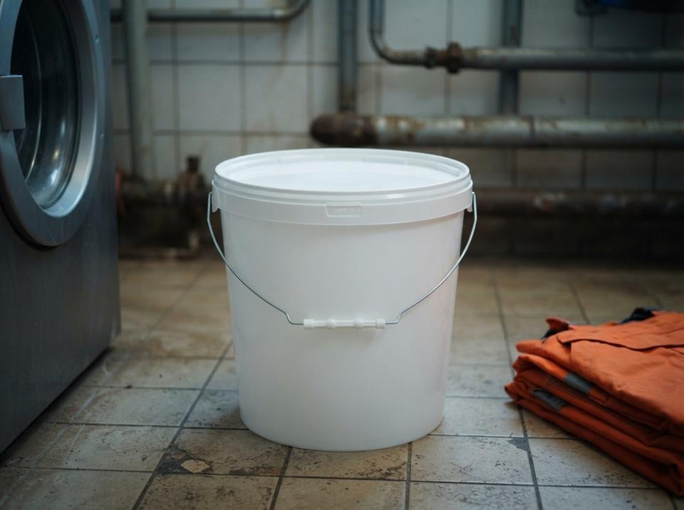 White 15 L plastic bucket with a metal bail handle, plastic grip, and lid on the tiled floor of a workwear laundry next to a stack of work coveralls
