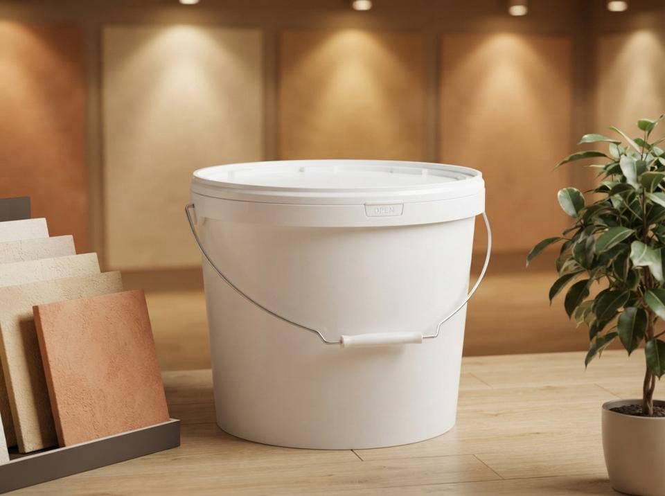 White 18 L plastic bucket with metal bail handle on the floor of a finishing materials showroom, next to a display of textured plaster samples