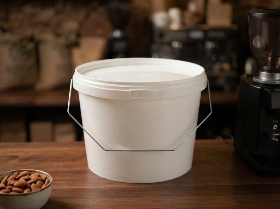 White 3 L plastic bucket with lid and bail handle on a coffee shop counter in Almaty, next to a coffee grinder