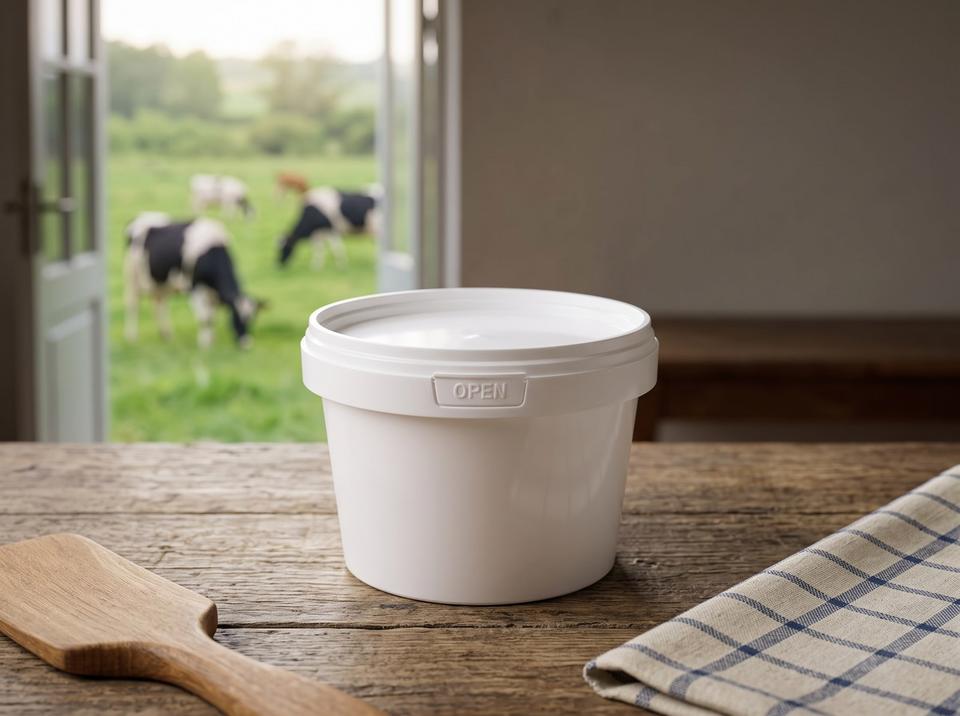 White 560 ml plastic bucket with lid on the wooden counter of a dairy farm shop, a wooden butter paddle on the left, a checkered napkin on the right, and cows on pasture through the open door
