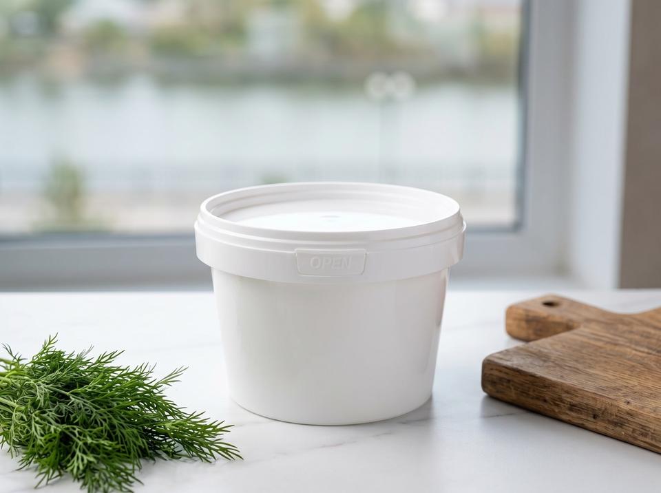 White 560 ml plastic bucket with lid on the marble counter of a fish shop next to a bunch of dill, the Ural River embankment outside the window