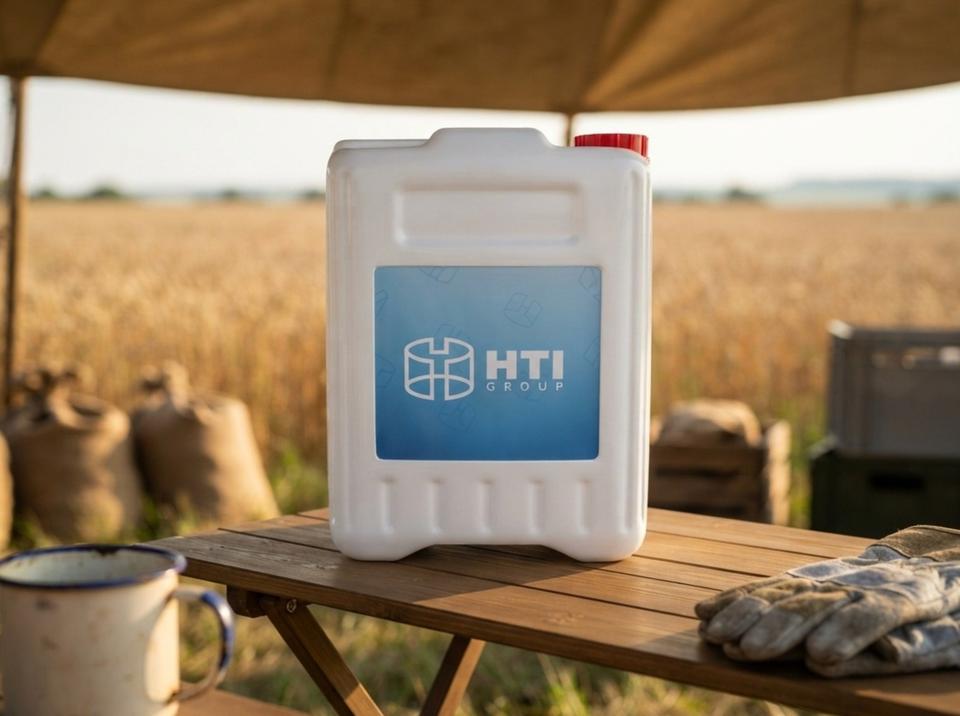 White 10 L plastic jerry can with screw cap on a folding table at a field camp under a canvas awning by a wheat field