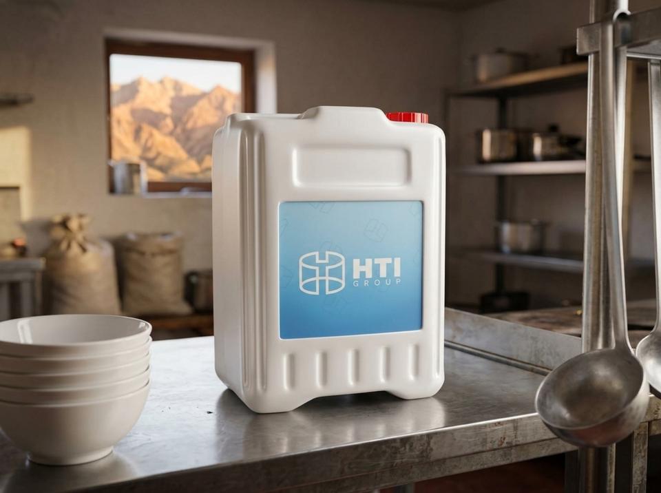 White 10 L plastic jerry can with screw cap on a steel counter in a roadside cafe kitchen, next to a stack of empty bowls