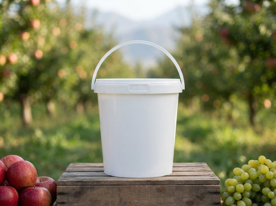 White 900 ml plastic bucket with molded-in handle and lid on a crate in a fruit orchard, next to apples and grapes