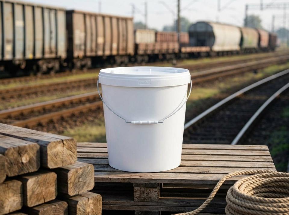 White 21 L plastic bucket with lid and metal bail handle with plastic grip on a wooden pallet by the railroad tracks, next to a stack of railroad ties