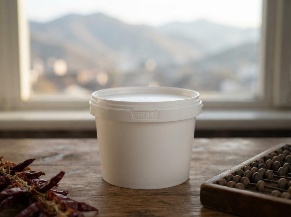 山城一户人家厨房窗边的木桌上,一只 800 毫升白色带盖塑料桶,旁边是一把算盘