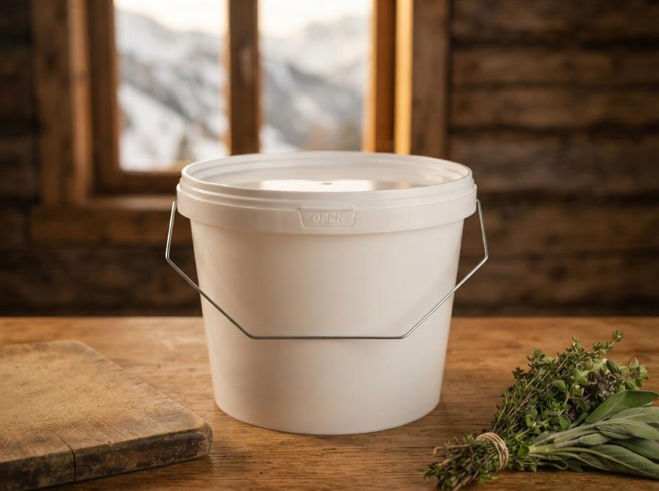 White 2.3 L plastic bucket with lid and metal bail handle on a wooden countertop in a guesthouse kitchen, next to a cutting board and a bunch of herbs