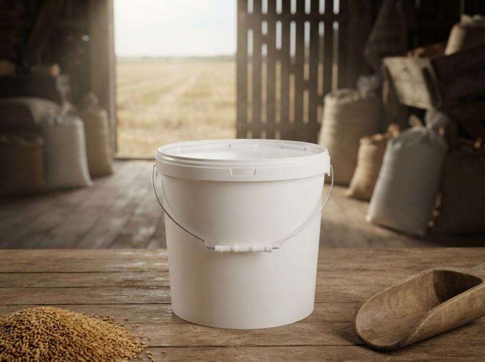 White 15 L plastic bucket with metal bail handle and lid on the wooden floor of a farm grain store, next to a small pile of wheat