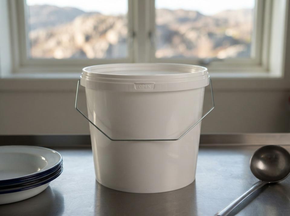 White 3.8 L plastic bucket with lid and metal bail handle on a steel table in a canteen kitchen, next to a stack of enamel plates