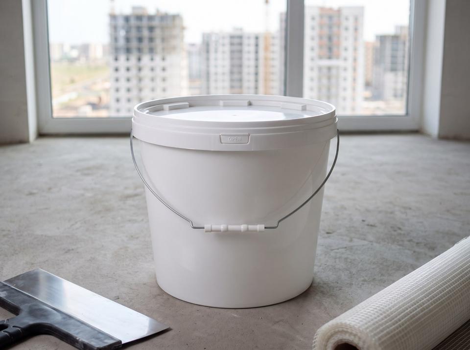 White 18 L plastic bucket with lid and metal bail handle with plastic grip on the concrete floor of a new apartment in an Astana suburb, a wide putty knife on the left, a roll of fiberglass mesh on the right, and apartment buildings under construction outside the window
