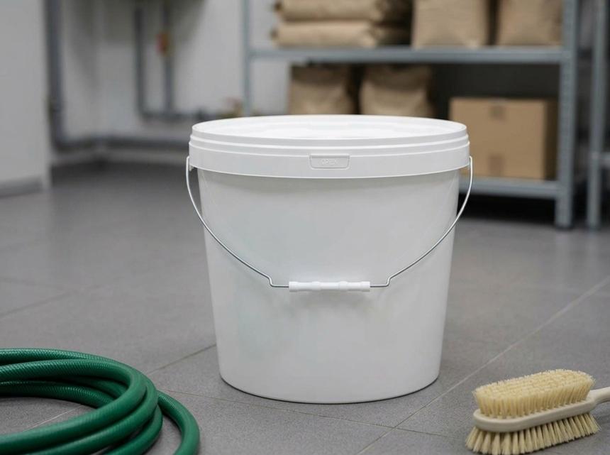 White 18 L plastic bucket with metal bail handle, plastic grip, and lid on a gray tiled floor in a shopping mall utility room next to a coiled rubber hose