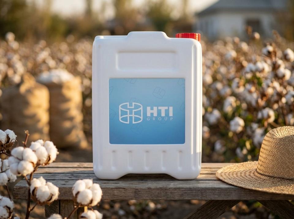 White 5-liter plastic jerry can on a wooden bench by a cotton field, next to open cotton bolls