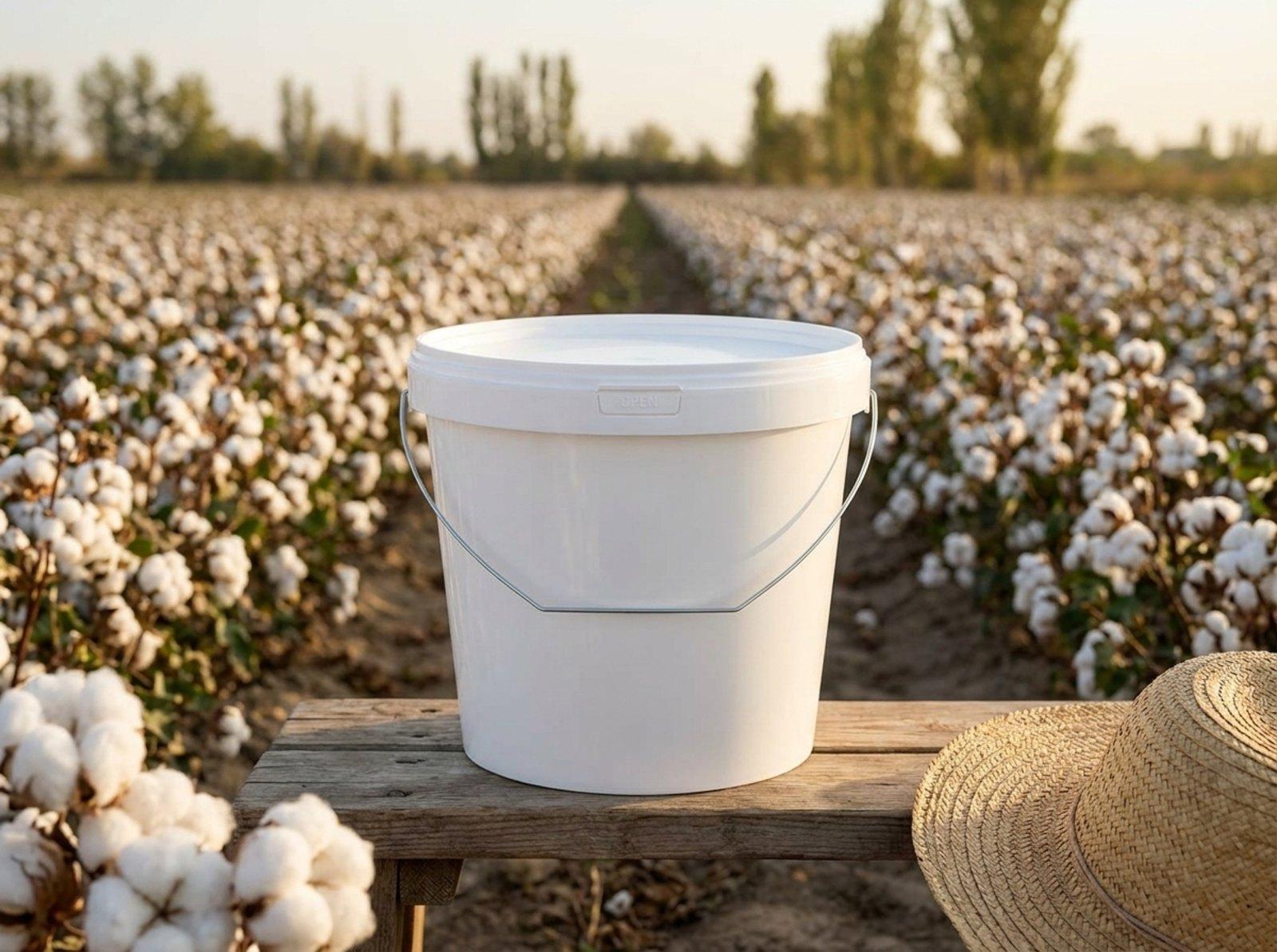 White 5.6 L plastic bucket with lid and metal bail handle on a bench at the edge of a cotton field, next to cotton bolls and a straw hat
