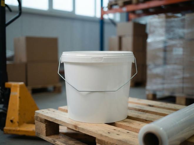 White 3.8 L plastic bucket with lid on an empty wooden pallet in a Bishkek distribution warehouse next to a pallet jack