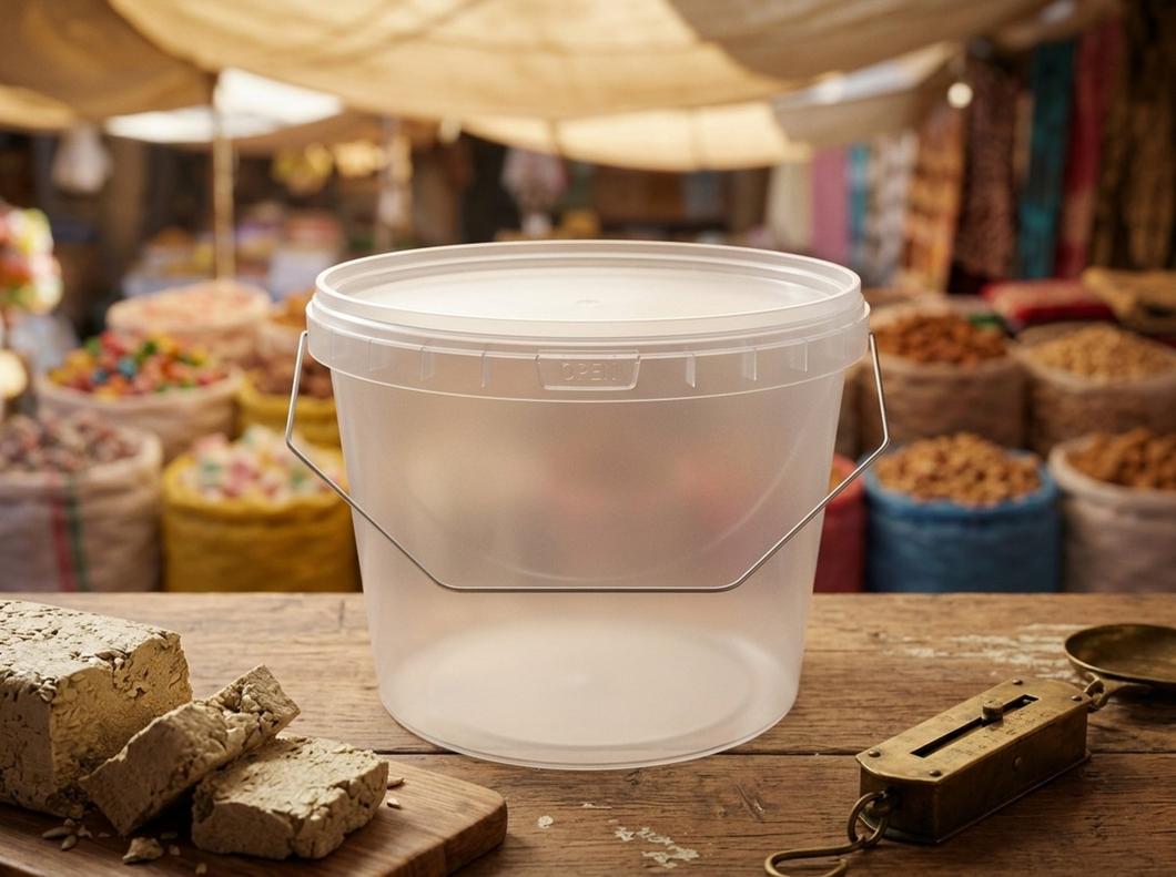 Clear 2.3 L plastic bucket with lid and metal bail handle on a bazaar sweets stall next to chunks of sunflower halva
