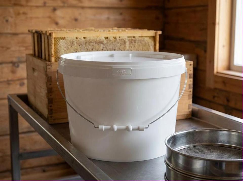 8 liter plastic bucket of honey in an apiary extracting room
