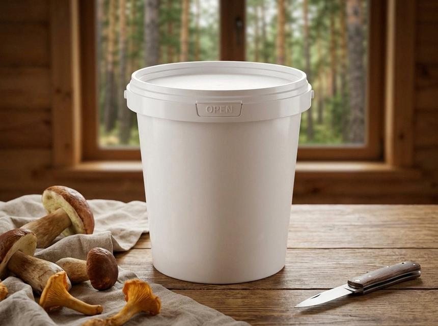 White 850 ml plastic bucket with lid on a wooden table in a house in a pine forest, next to a scattering of wild mushrooms