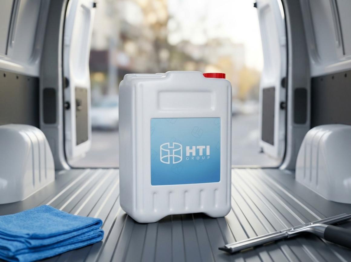 White 5 L plastic jerry can with cap in the cargo area of a cleaning service van next to a stack of microfiber cloths