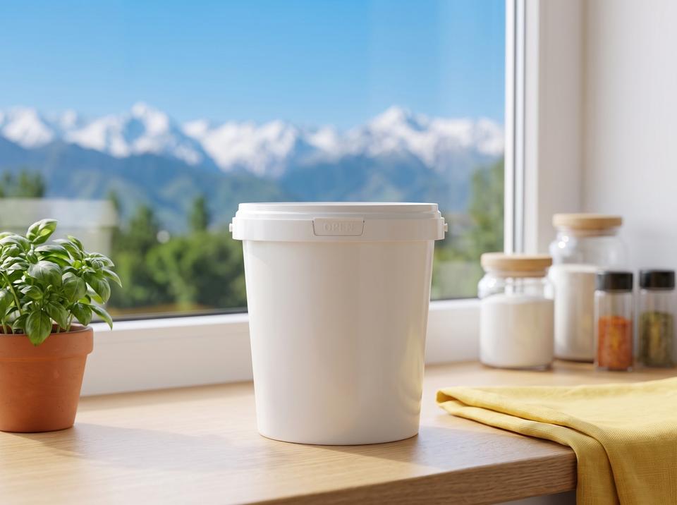 850 ml plastic bucket on a windowsill overlooking the Ala-Too mountains