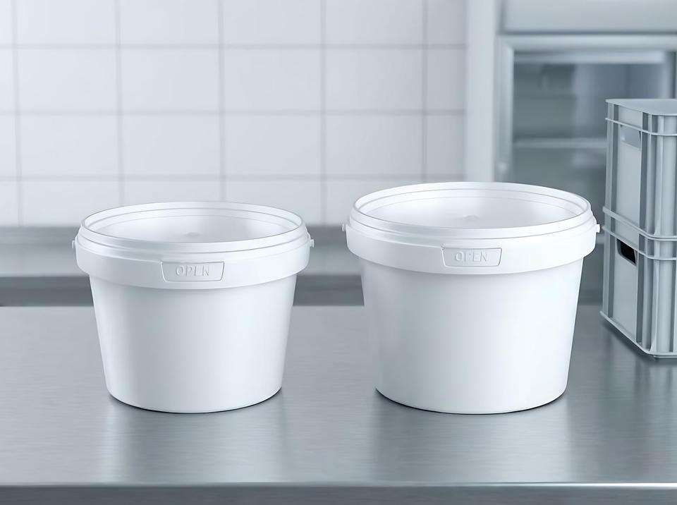 560 and 800 ml plastic buckets side by side on a table in a dairy plant