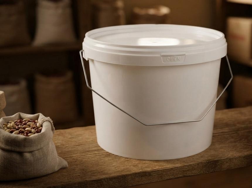 White 3 L plastic bucket with lid on a shelf in a village pantry next to a canvas pouch of beans