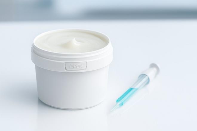 浅色桌面上一只装有乳霜的白色小桶和一支定量注射器