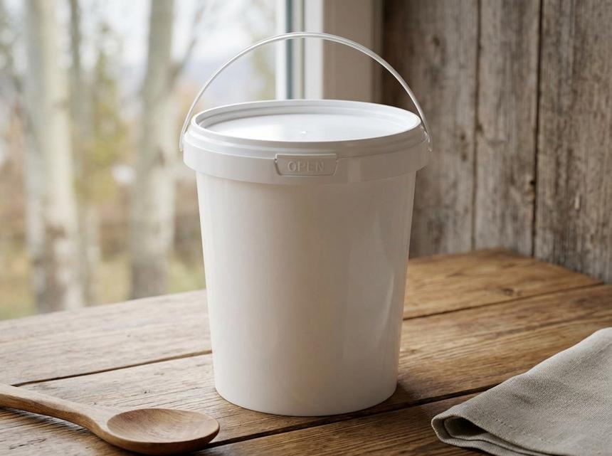 White 900 ml plastic bucket with molded-in handle and lid on a wooden counter in a dairy shop, next to a wooden spoon