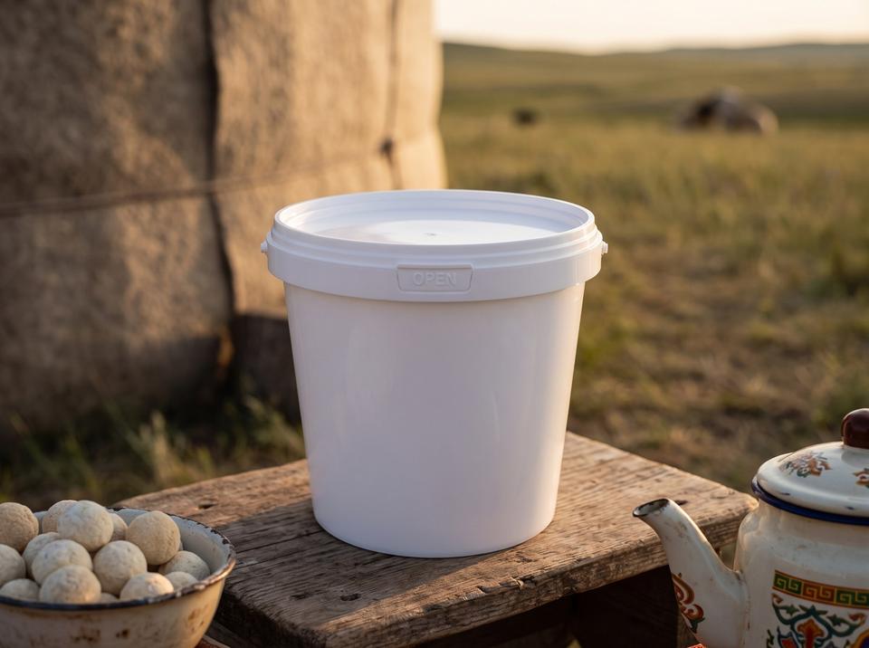 White 1 L plastic bucket with lid on a low wooden table by a yurt on the steppe, next to a bowl of kurt