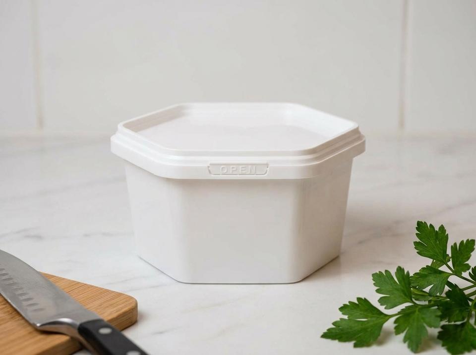 White 250 ml hexagonal plastic container with lid on a marble counter in a fish deli next to a knife on a wooden board
