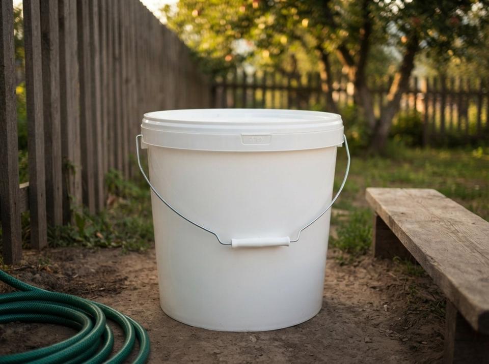 White 21 L plastic bucket with metal bail handle, plastic grip, and lid in a village yard by a wooden fence next to a garden hose