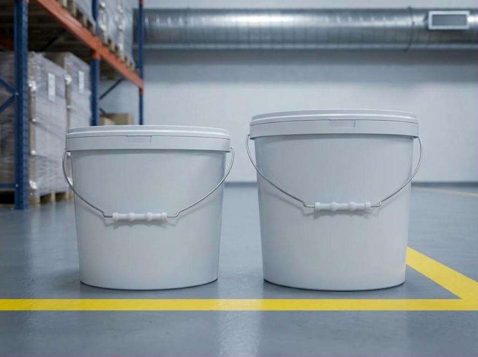 18 and 21 liter plastic buckets side by side: the same diameter, different body heights