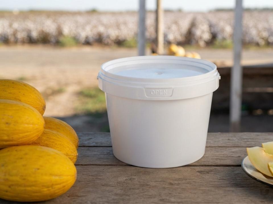 White 800 ml plastic bucket with lid on a roadside stand next to yellow melons and sliced melon on a plate
