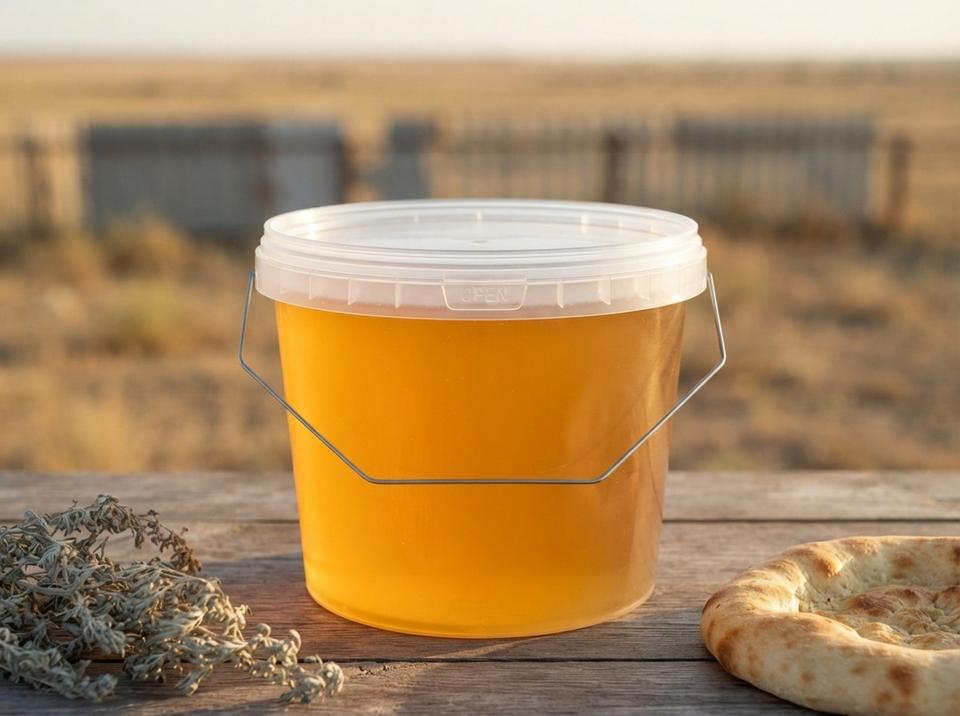 Clear 2.3 L plastic bucket of honey on a wooden table in the yard of a steppe house, next to a sprig of dried wormwood