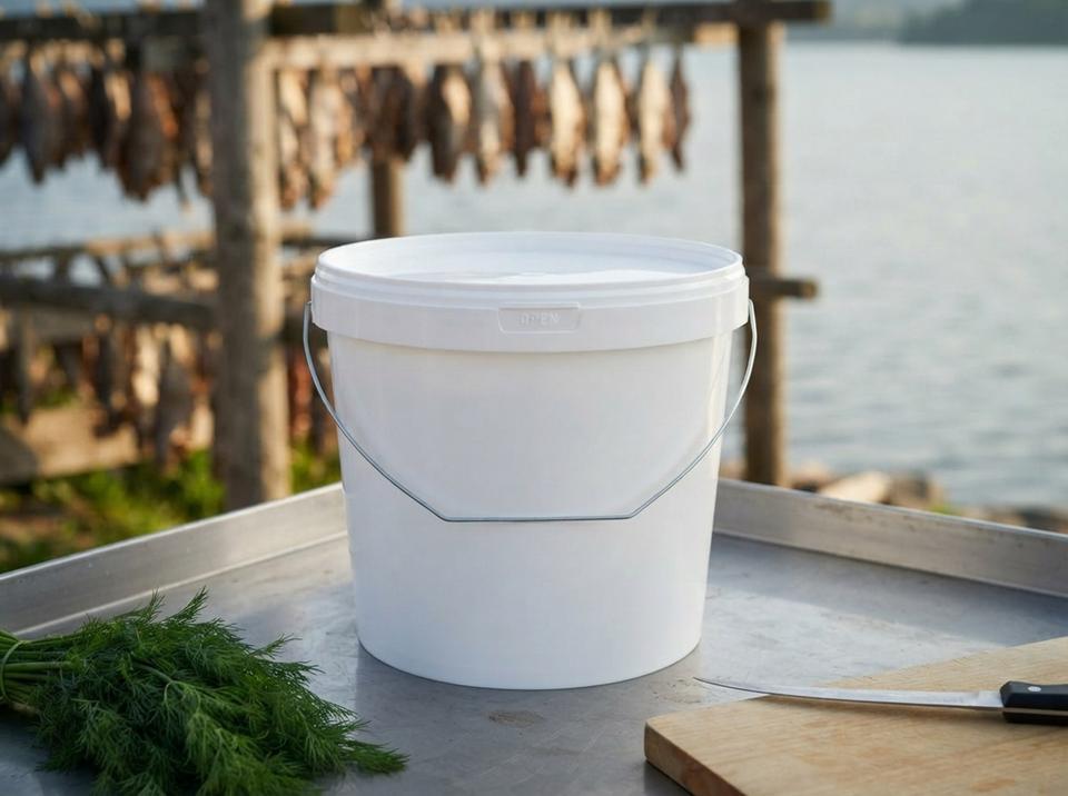 White 5.6 L plastic bucket with lid and metal bail handle on a steel table in the yard of a fish processing shop by the reservoir, with racks of drying fish behind it