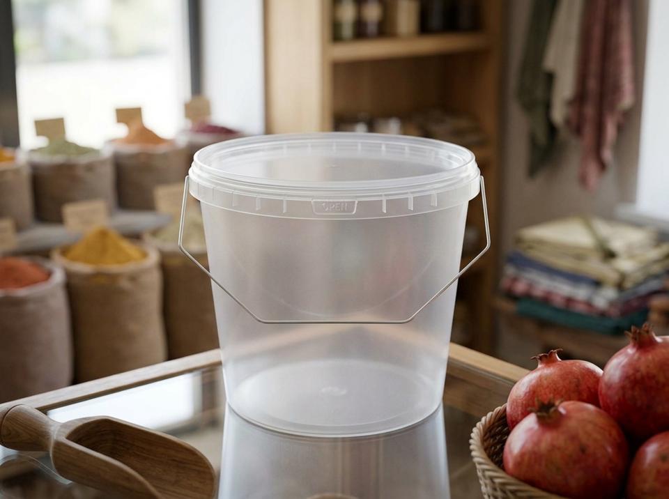 Clear 3.8 L plastic bucket with lid on a glass counter of a small shop in Shymkent next to a basket of pomegranates