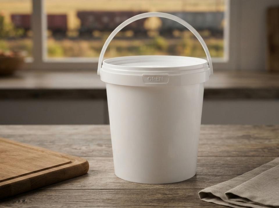 White 900 ml plastic bucket with lid and molded-in handle on a wooden counter in a station cafe, a cutting board on the left, a folded linen napkin on the right, and a freight train and steppe outside the window