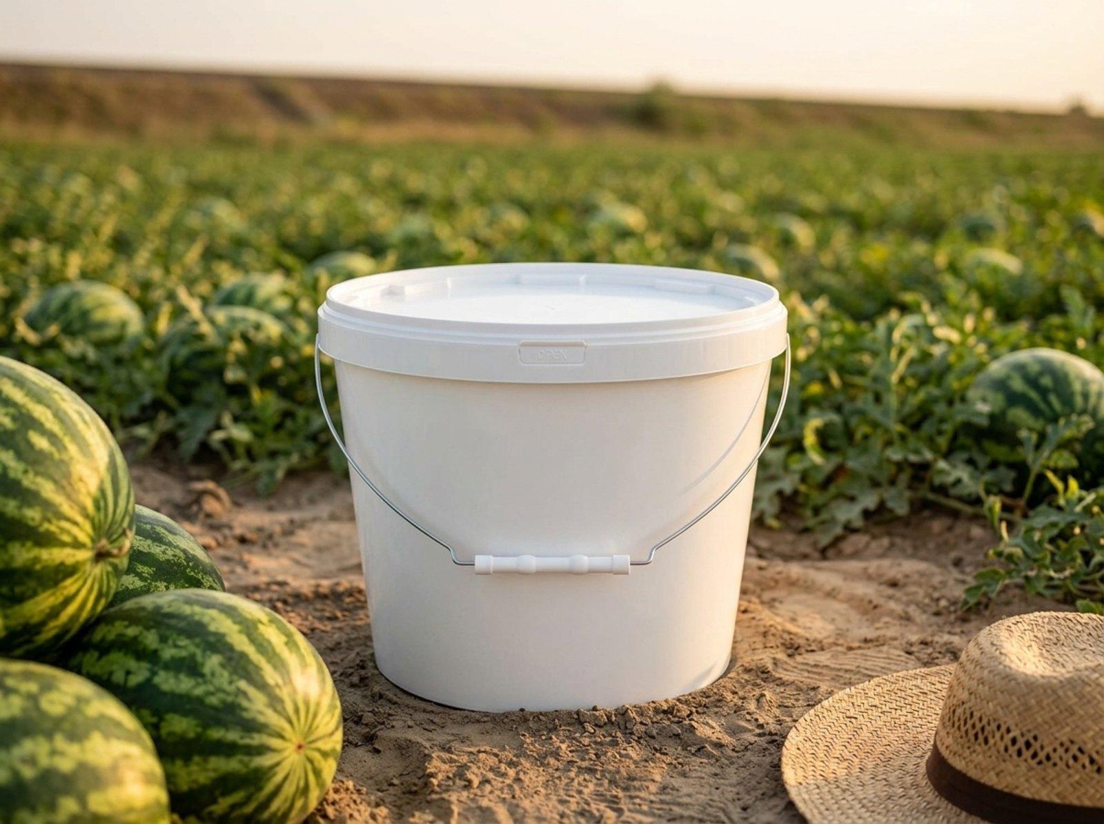 White 11.5 L plastic bucket with lid and metal bail handle with plastic grip at the edge of a melon field next to striped watermelons, with a railway embankment in the distance