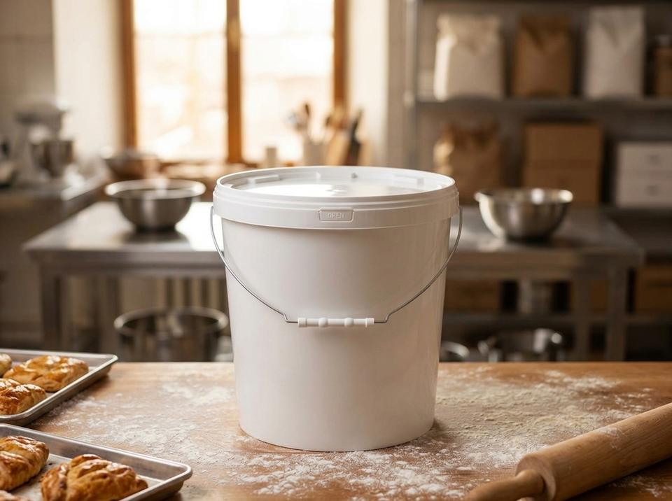 White 15 L plastic bucket with lid and metal bail handle on a table in a Taraz pastry kitchen, next to baking trays