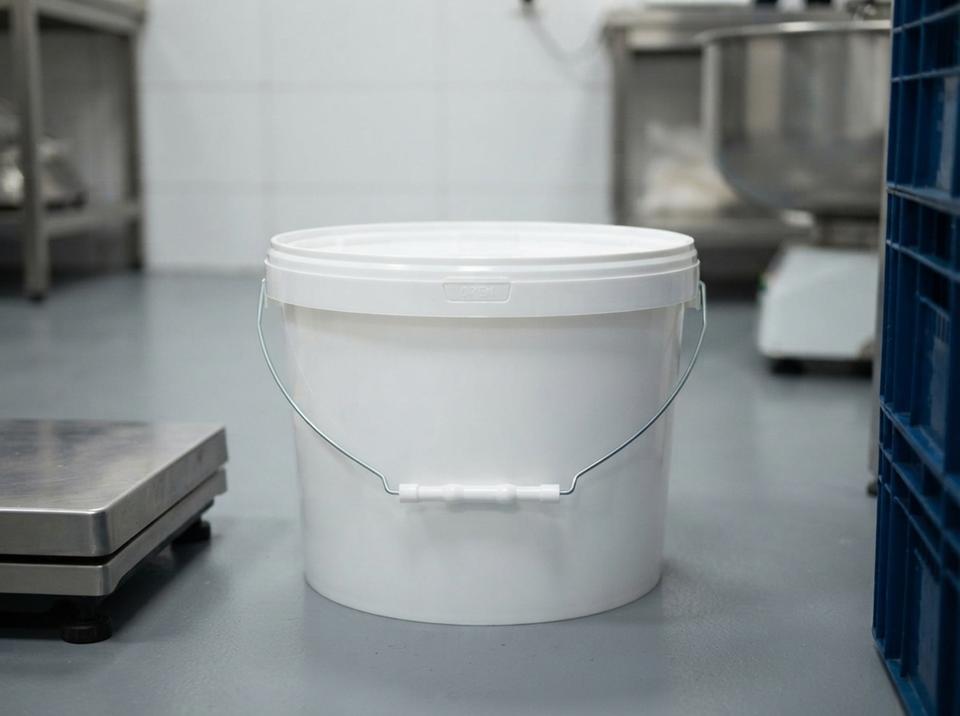 White 8 L plastic bucket with metal bail handle, plastic grip, and lid on the floor of a filling room next to a platform scale