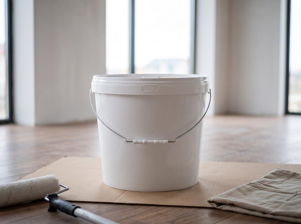 White 18 liter plastic bucket with lid and bail handle with plastic grip on a sheet of cardboard in a café under renovation in Aktobe, next to a paint roller on an extension pole and a dust sheet