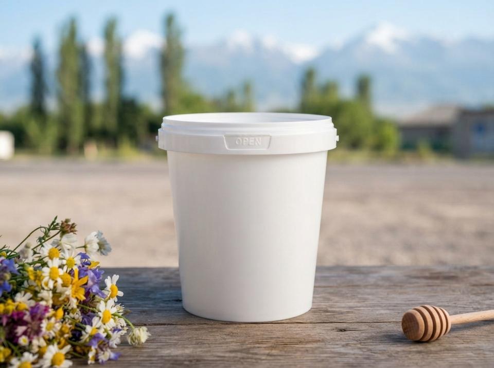 White 850 ml plastic bucket with lid on a wooden roadside stall near Tüp, next to a bunch of wildflowers and a wooden honey dipper