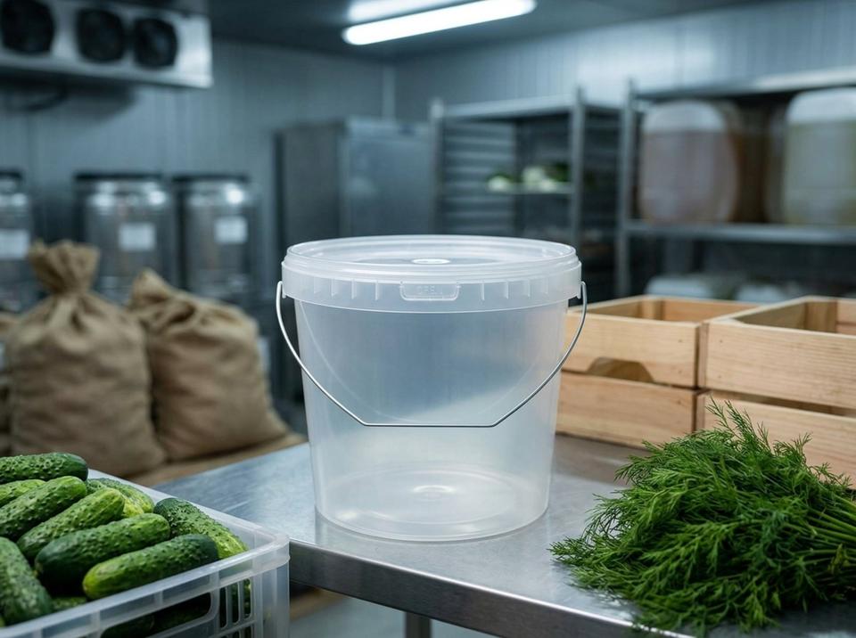 Clear 5.6 L plastic bucket with metal bail handle and lid on a steel rack in the cold store of a pickling plant next to a crate of cucumbers