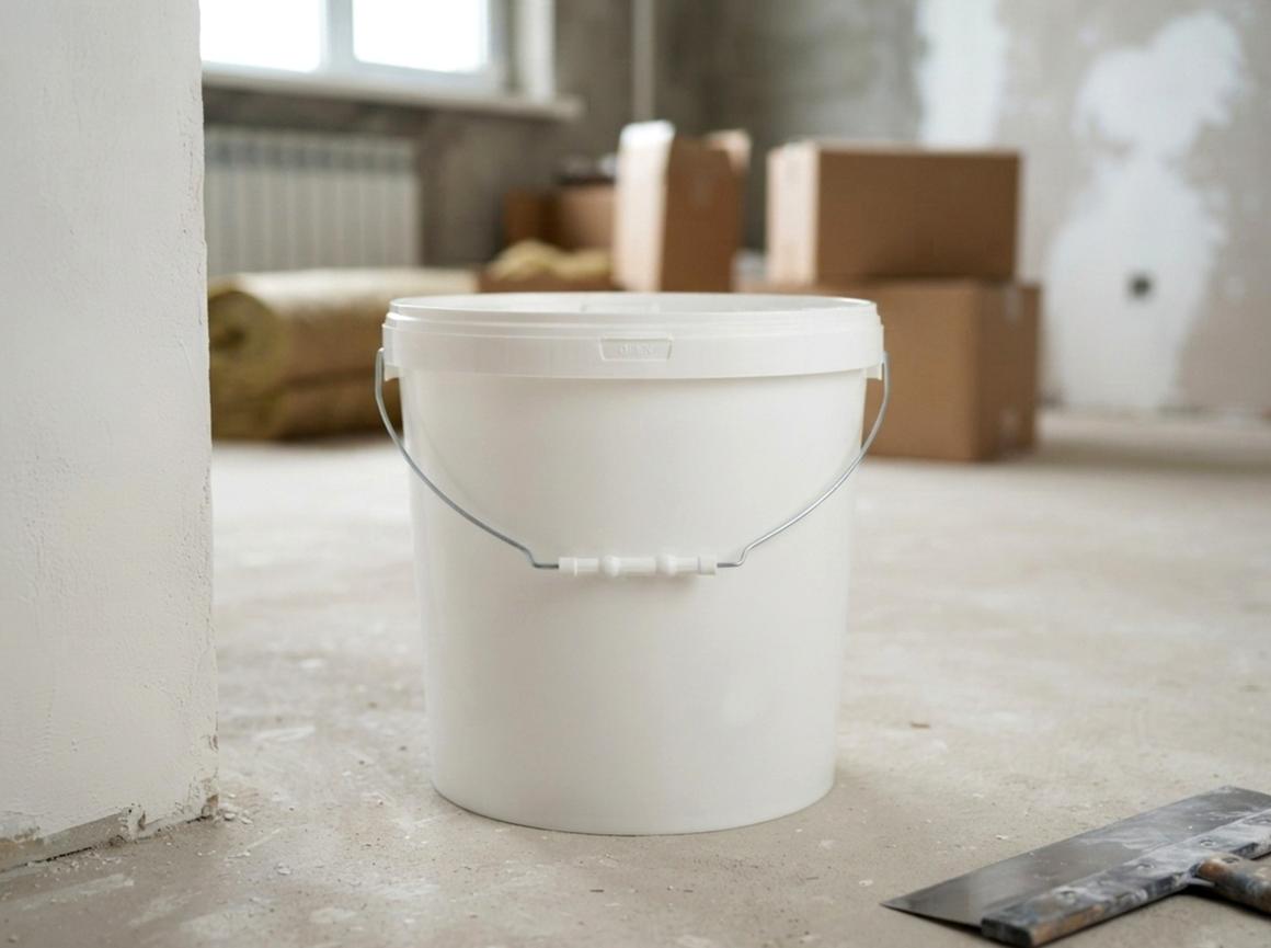 White 15 L plastic bucket with metal bail handle and lid on a room floor by a wall with a first coat of white putty next to a wide putty knife