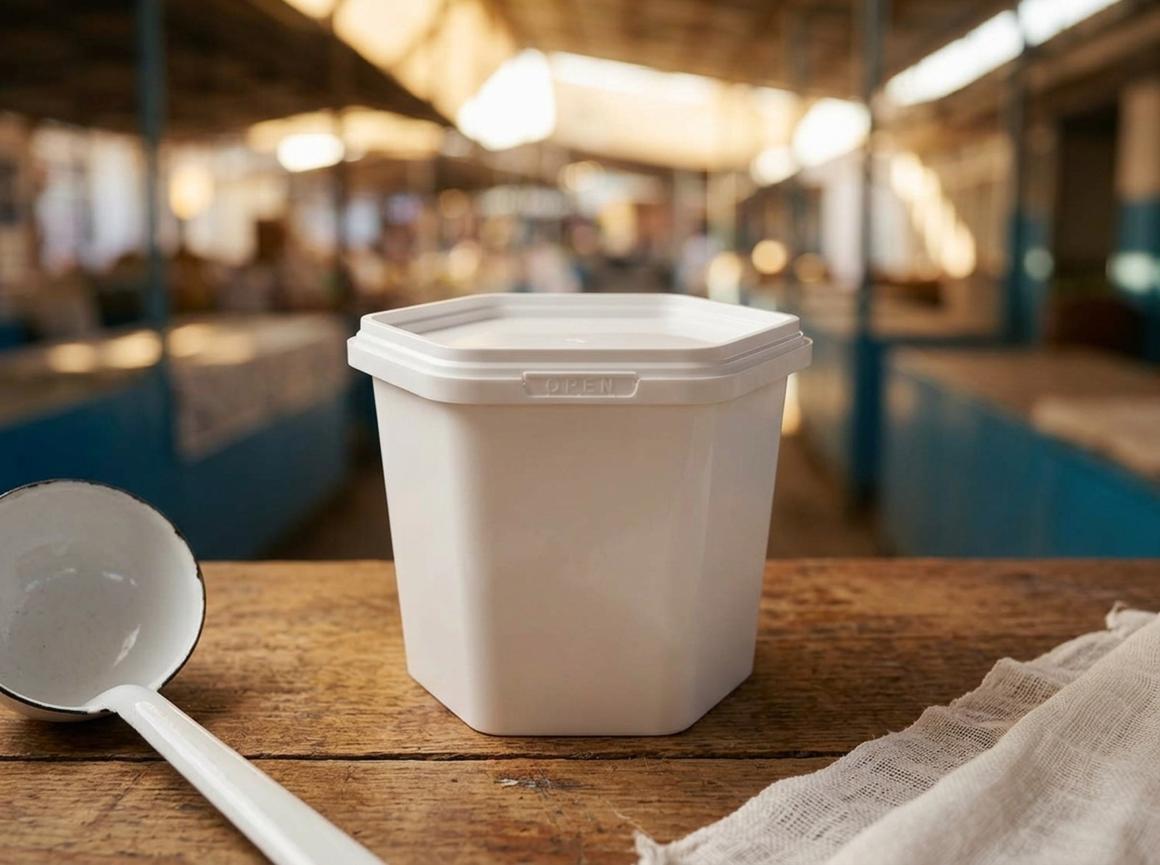 奥什巴扎乳品区木制柜台上的白色六角形塑料食品盒，400 毫升，带盒盖，旁边放着搪瓷长柄勺