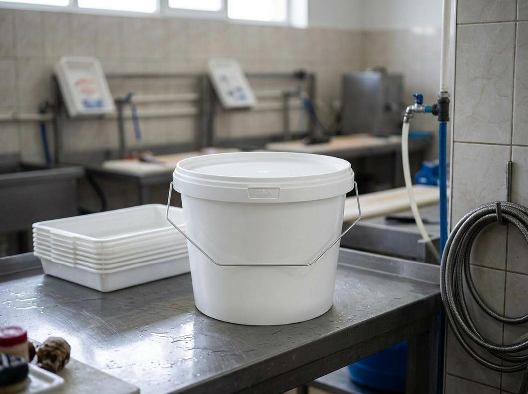 2.3 升白色带盖塑料桶，带金属提手，放在水产车间的钢制工作台上